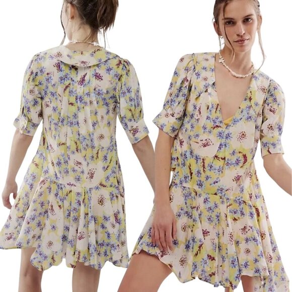 NWT Free People Sugar Crush Mini Dress Women's Medium Lemon Combo Floral Flowy - Picture 2 of 16